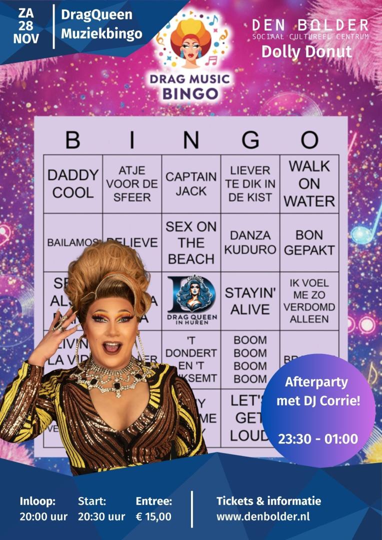 Flyer Drag Queen Muziekbingo met Dolly Donut