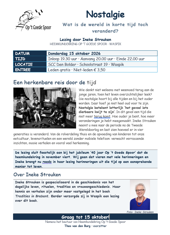 Poster lezing Nostalgie van Heemkundekring Op &rsquo;t Goede Spoor