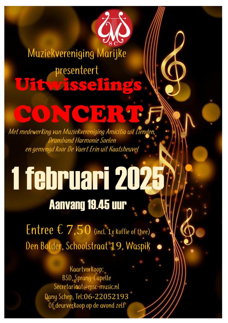 poster_uitwisselingsconcert_2025 Muziekvereniging Marijke: Uitwisselingsconcert - Den Bolder